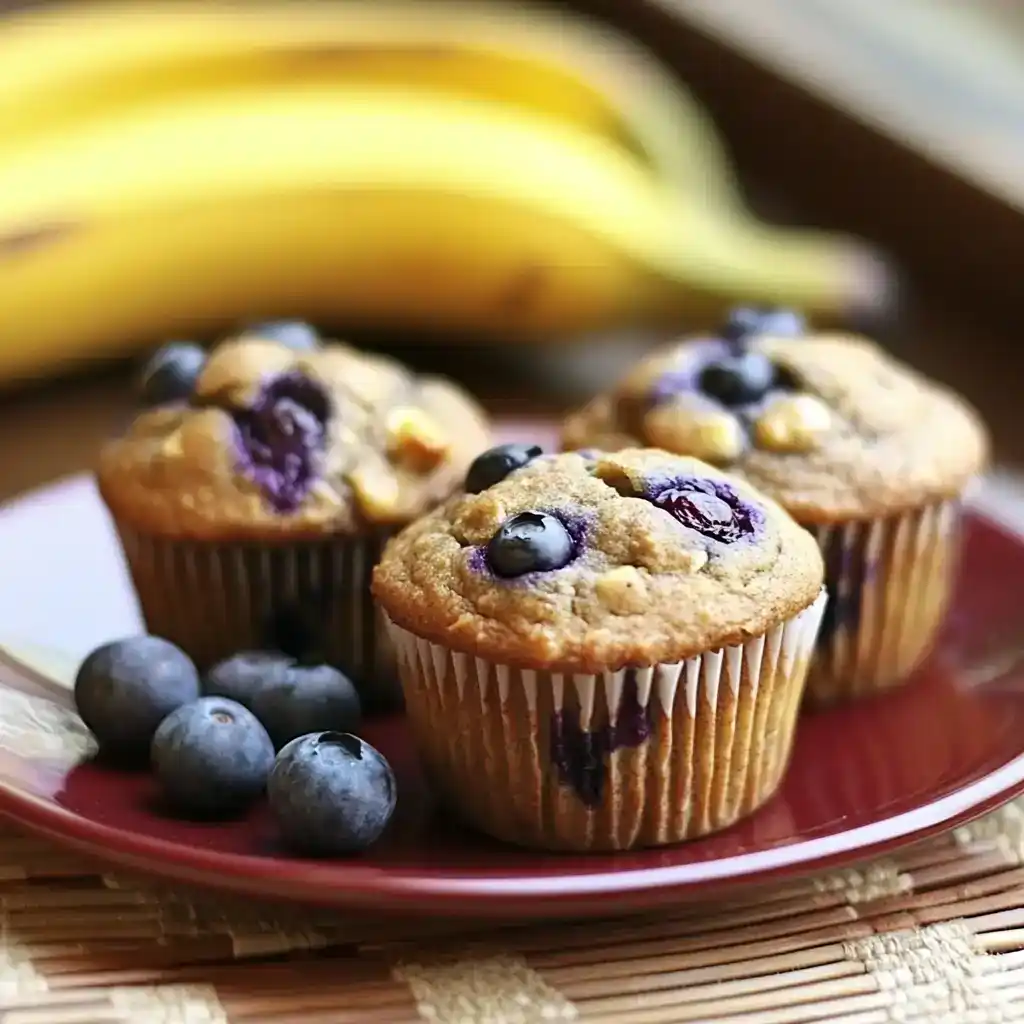 Fresh blueberry muffins with ripe blueberries on top, served on a red plate with bananas in the background. Perfect for breakfast or snack time, made with wholesome ingredients and bursting with blueberry flavor.