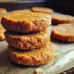 Sweet potato and lentil veggie burger patties on a wooden surface, close-up.