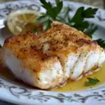 Juicy, perfectly cooked baked cod fish fillet with golden crispy crust, garnished with fresh parsley and lemon wedge, served with lemon butter sauce on elegant plate.