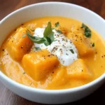 Savory pumpkin soup with herbs and creamy dollops, served in a white bowl, perfect for fall comfort food and healthy meals.