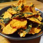 Crispy kale chips with seasoned sweet potatoes and spices, healthy plant-based snack, vegan-friendly appetizer, vegetable chips, homemade vegan snack, gluten-free, nutritious, gluten-free healthy snack.