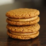 Butter pecan cookies with creamy filling stacked close-up, commercial food photography for Waggy Chef bakery.