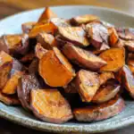 Sweet roasted sweet potatoes characteristic of waggy chef delicious and nutritious baked yams on a ceramic plate vibrant orange color and caramelized edges.