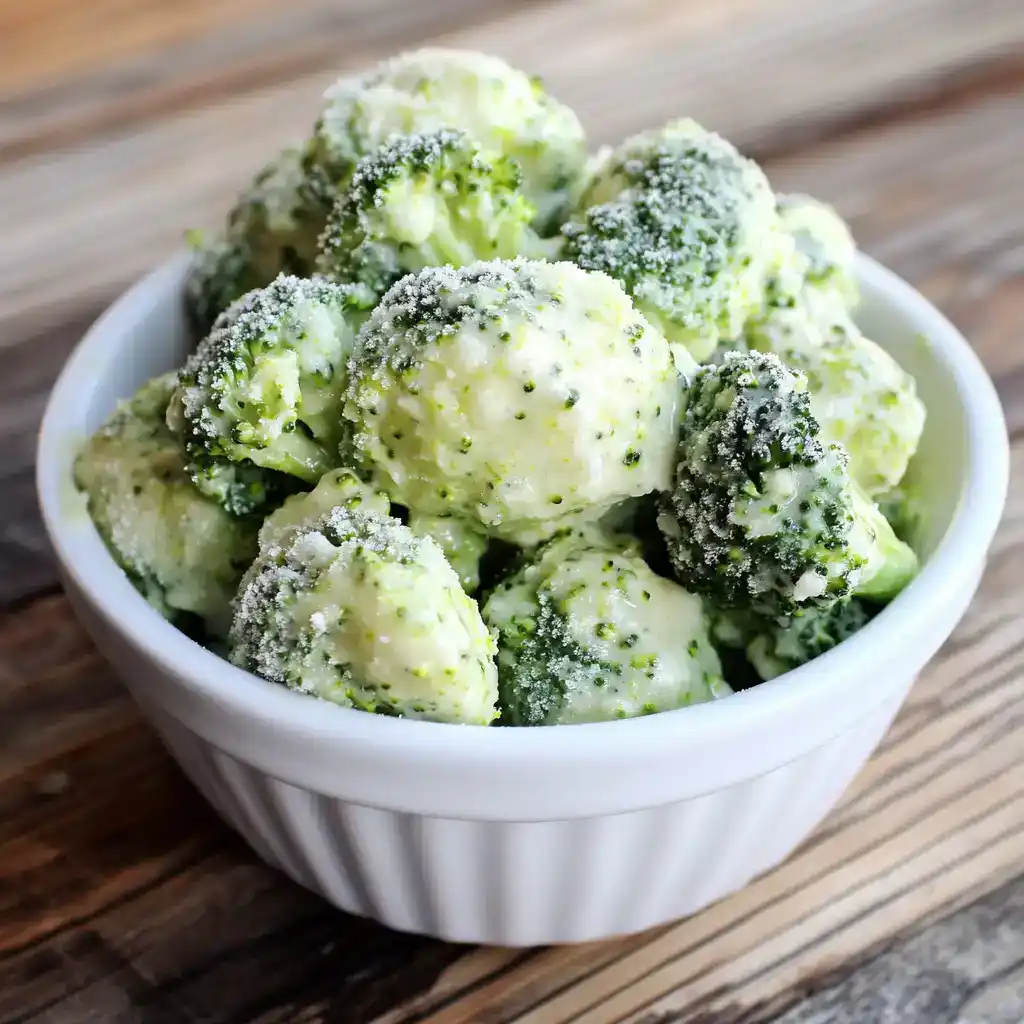 Creamy broccoli florets with cheese in a white bowl, garnished with grated cheese, served on a rustic wooden table for healthy, delicious vegetable side dish.