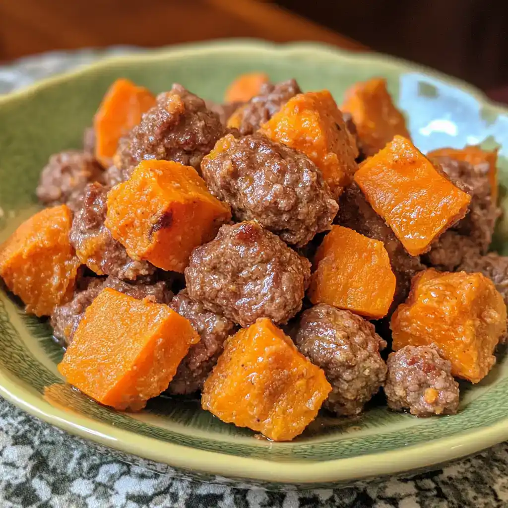 Savory beef and sweet potato meatballs in a green ceramic bowl, perfect for dog food or pet meals, highlighting nutritious ingredients, wholesome dog treats, and homemade pet food recipes.