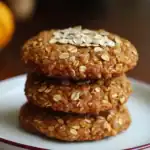 Crunchy oatmeal cookies stacked on a white plate with a blurred background.