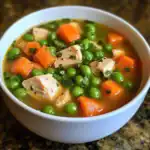 Fresh chicken vegetable soup with carrots, green peas, and herbs in a white bowl, perfect for healthy homemade pet food recipes at Waggy Chef.