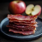 Crispy bacon slices on black plate with whole and sliced red apple in background, delicious bacon for dog treats, Waggy Chef pet-friendly bacon, healthy dog snacks, tasty and crispy pet treats.
