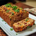 A loaf of healthy lentil and vegetable meatloaf garnished with fresh parsley on a white plate.