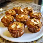 Creamy peanut butter oatmeal muffins topped with sliced almonds, served on a white plate. Healthy, protein-packed snack or breakfast option with crunchy nut topping and warm golden-brown color.