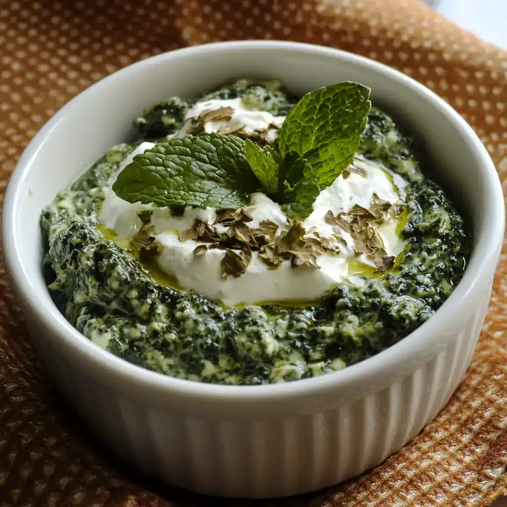 Creamed spinach dip with fresh herbs and garnishes in a white ramekin, close-up, appetizing healthy side dish for dinner or lunch, garnished with mint leaves and grated cheese, perfect for gourmet meals and vegetable lovers.