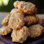 Crispy homemade chicken nuggets with orange seasoning on a dark wooden plate.