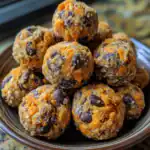 Chocolate chip and shredded carrot energy bites in a bowl, healthy dog treat recipe, homemade snack for dogs, Waggy Chef pet treats, nutritious and tasty for furry friends.