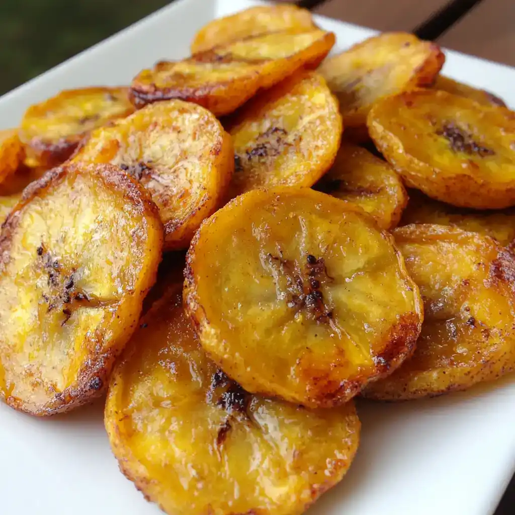 Golden roasted banana slices, caramelized to perfection with a sweet glaze, served on a white plate. Ideal for snack or dessert, highlighting healthy and delicious fruit recipes for dogs and humans.