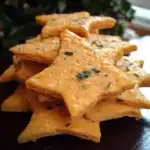 Star-shaped cheese crackers with herbs on a dark surface, perfect for pet treats or snacking, showcasing homemade, crunchy, savory flavors from Waggy Chef.