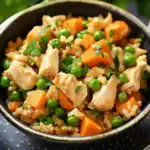 Savory chicken and vegetable rice bowl with peas, sweet potatoes, and fresh herbs in a black bowl, perfect for healthy meal options.