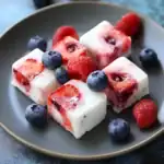 Fresh berry and yogurt pineapple cubes on a black plate, with blueberries and raspberries, perfect for healthy desserts or snacks.