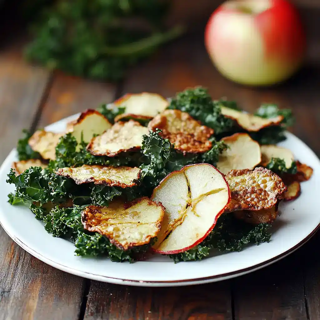 Sliced dried apple chips served on a plate with fresh kale, showcasing a healthy snack option. The image highlights the crisp texture and natural flavors of apple chips and greens.