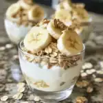 Creamy yogurt parfait with sliced bananas and granola in glass cups for healthy breakfast or snack options.