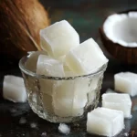 Butter cubes on ice in a glass bowl with coconut in the background, ready for pet treats or human consumption, healthy snack, homemade dog treat ingredients, Waggy Chef, pet nutrition.