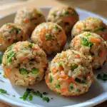 Savory vegetable rice balls, crispy on the outside and tender on the inside, filled with carrots, peas, and herbs, perfect for healthy snacking or meal prep.