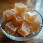 Honey cocky candies in a glass dish on a wooden surface, close-up image.