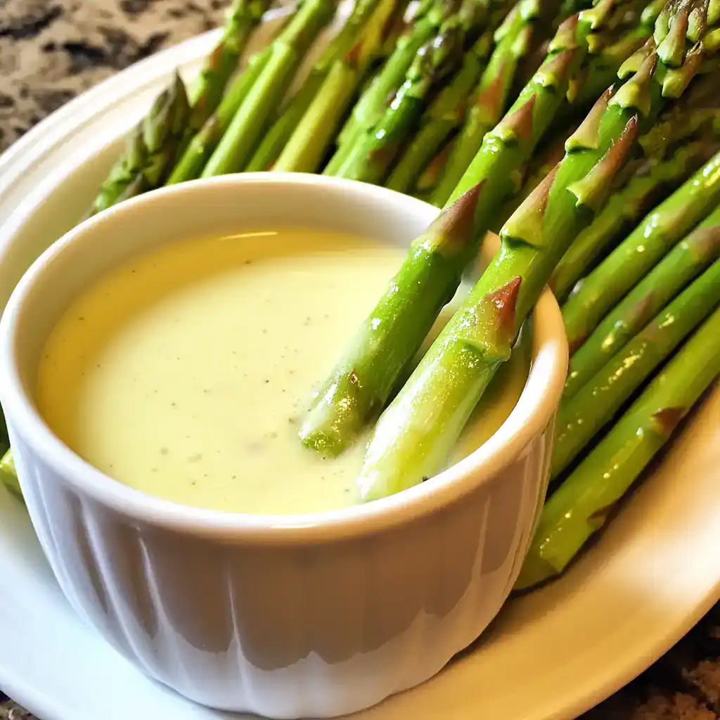 Fresh asparagus with creamy hollandaise sauce for healthy gourmet recipes at Waggy Chef. Perfect for elegant appetizers or side dishes.