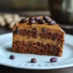 Rich chocolate peanut butter cake slice on white plate with chocolate beans, indulgent dessert for sweet cravings, perfect treat for special occasions or everyday enjoyment.