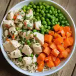 Healthy chicken and vegetable rice bowl with peas, carrots, and grilled chicken pieces, perfect for nutritious pet meals.