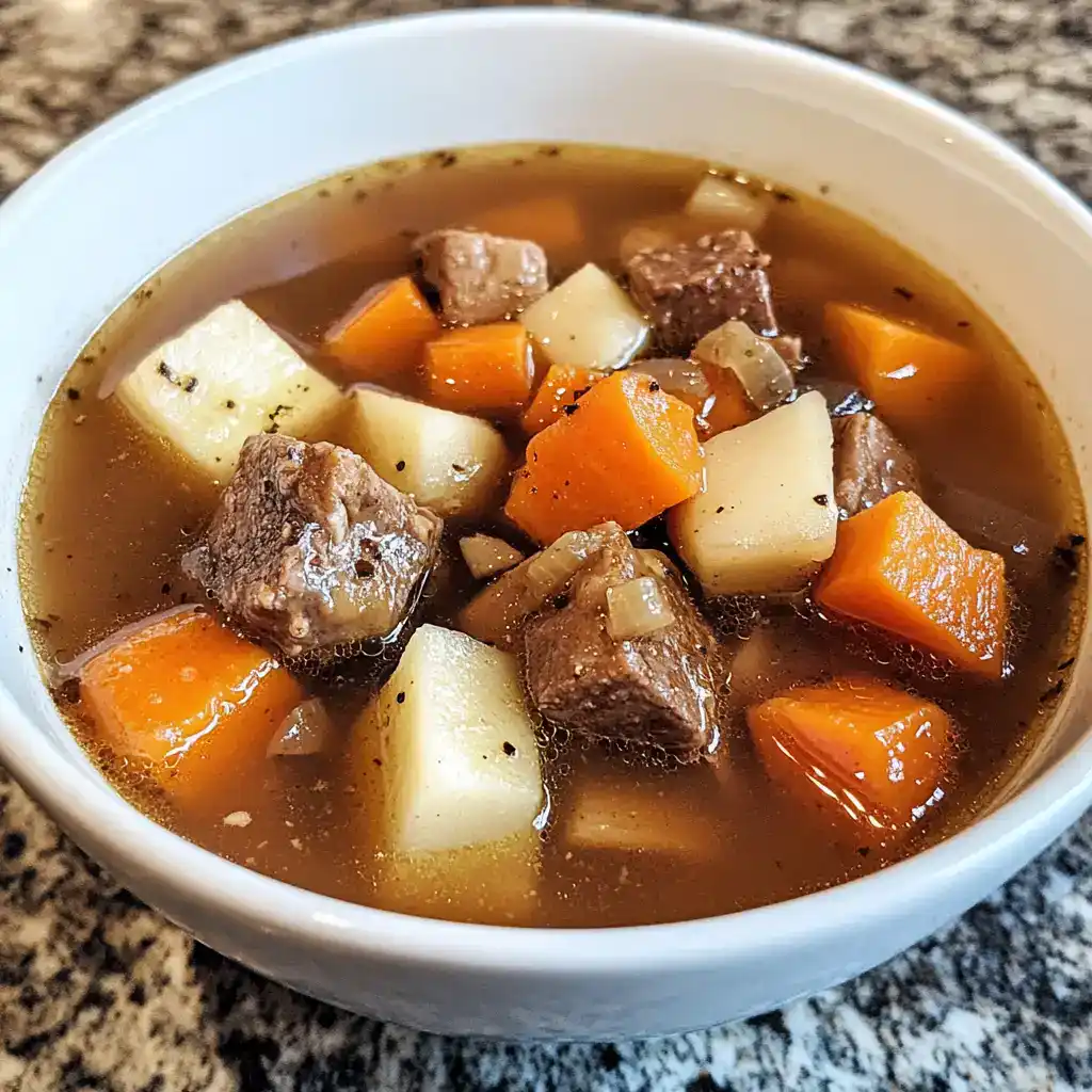 Tender beef stew with carrots, potatoes, and onions in a flavorful broth, perfect for cozy meals and meal prep. Made with fresh ingredients for a hearty and satisfying dish.
