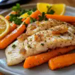 Seared white fish fillet with lemon wedges, fresh carrots, and herbs on white plate, healthy seafood meal.
