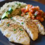 Crispy seasoned chicken fillet with quinoa and vegetable side dishes on black plate.