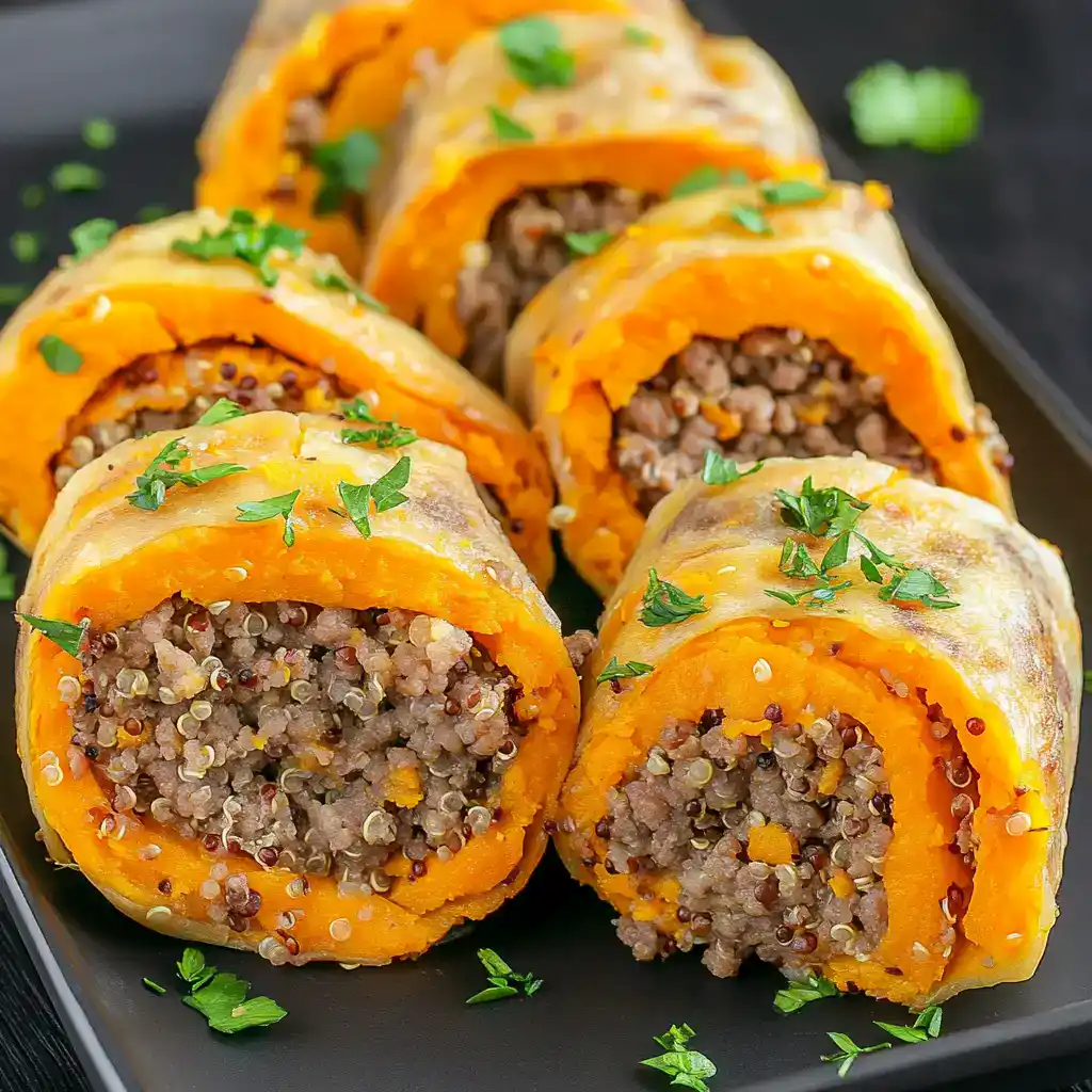 Roasted Butternut Squash Stuffed with Quinoa and Ground Beef, garnished with fresh herbs, served on a black plate for a nutritious and colorful meal.