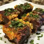 Charred beef short ribs with mustard seed crust and fresh herbs, plated on a white dish, showcasing gourmet dog-friendly cuisine with rich flavors and vibrant presentation.