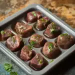 Tender beef liver bites garnished with fresh parsley on a baking sheet, perfect for dog treats or homemade pet snacks. High-quality, nutritious, and great for your pet’s health.