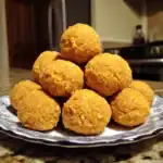 Golden falafel balls on a decorative plate, perfect for healthy vegetarian snacks or appetizers. Easy homemade vegan falafel recipes made with chickpeas and spices.
