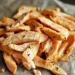 Grilled chicken strips on parchment paper, seasoned with black pepper, close-up shot.