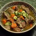Savory beef stew with carrots, zucchini, and fresh herbs served in a decorative bowl, highlighting delicious homemade comfort food and nutritious ingredients.