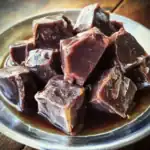 Slow-cooked beef jerky chunks in a silver dish with rich, savory flavor, perfect for dog treats and pet snacks.
