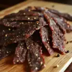Savory beef jerky strips seasoned with spices on a wooden board, ideal for dog treats, pet snacks, and healthy dog food options, showcasing Waggy Chef's quality.