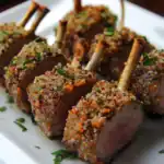 Succulent herb-crusted lamb chops with quinoa and vegetable topping for a gourmet meal, beautifully plated on a white dish, showcasing culinary excellence and flavor.
