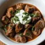 Tender beef stew with rich gravy, garnished with fresh cilantro and served with a dollop of sour cream, crafted for delicious homemade dog food on Waggy Chef.